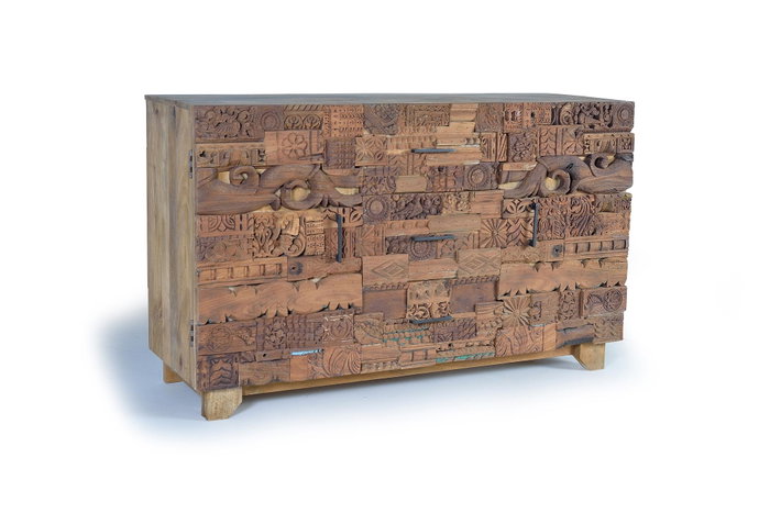 GINER Y COLOMER - Buffet en bois de manguier récupéré naturel - 2 portes et 3 tiroirs - Dimensions 150 x 50 x 90 cm